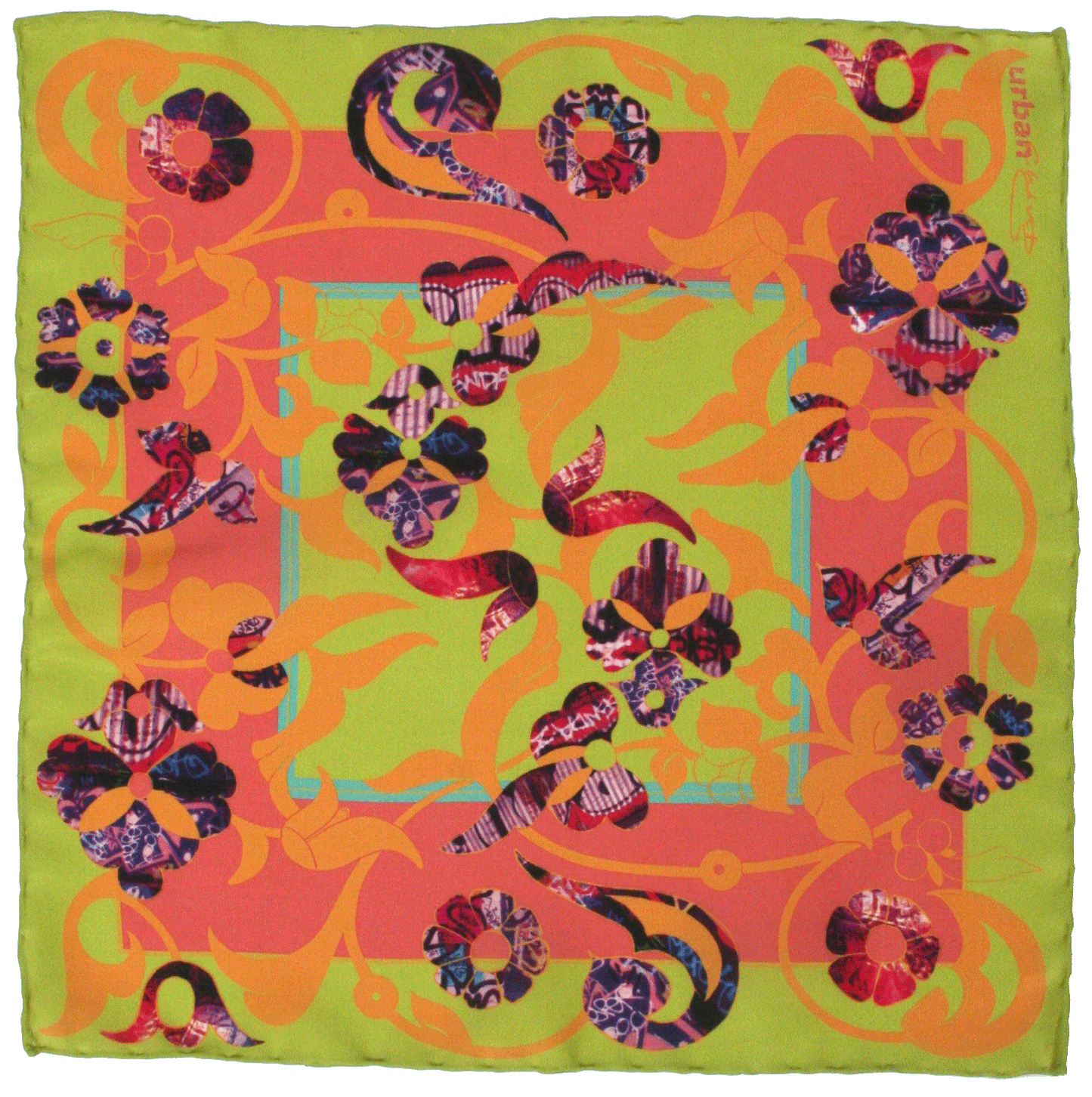 Silk Pocket Square-East London chartreuse/coral