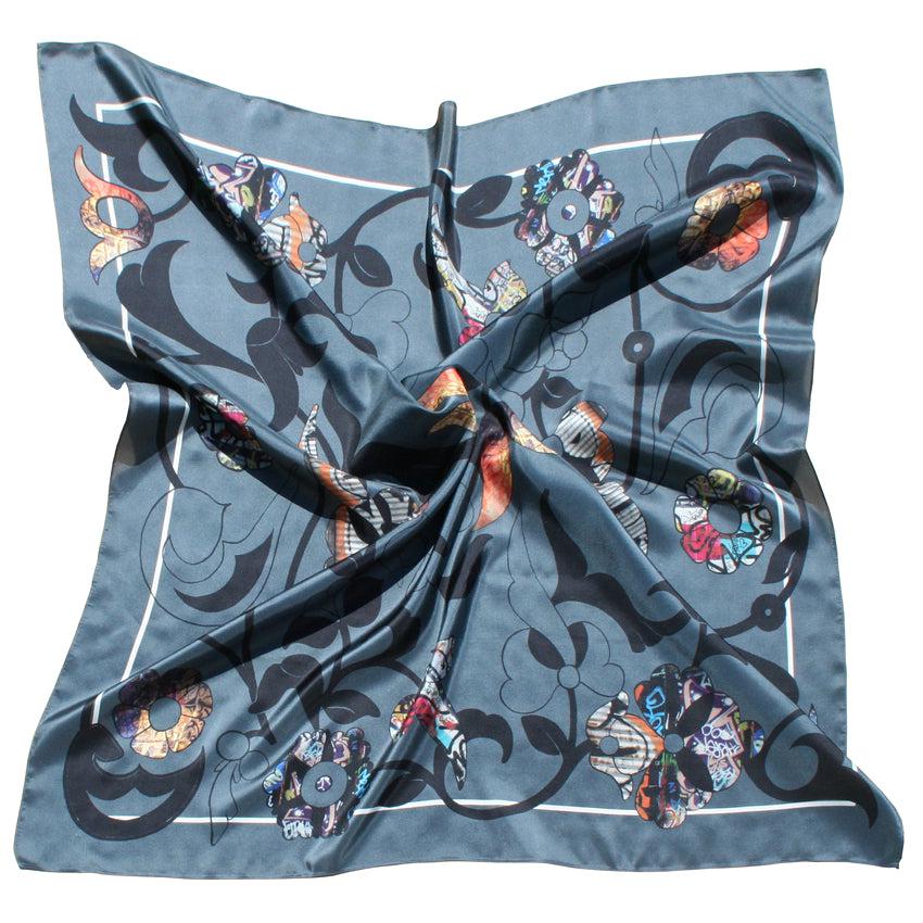 Silk scarf-East London flower liquid steel