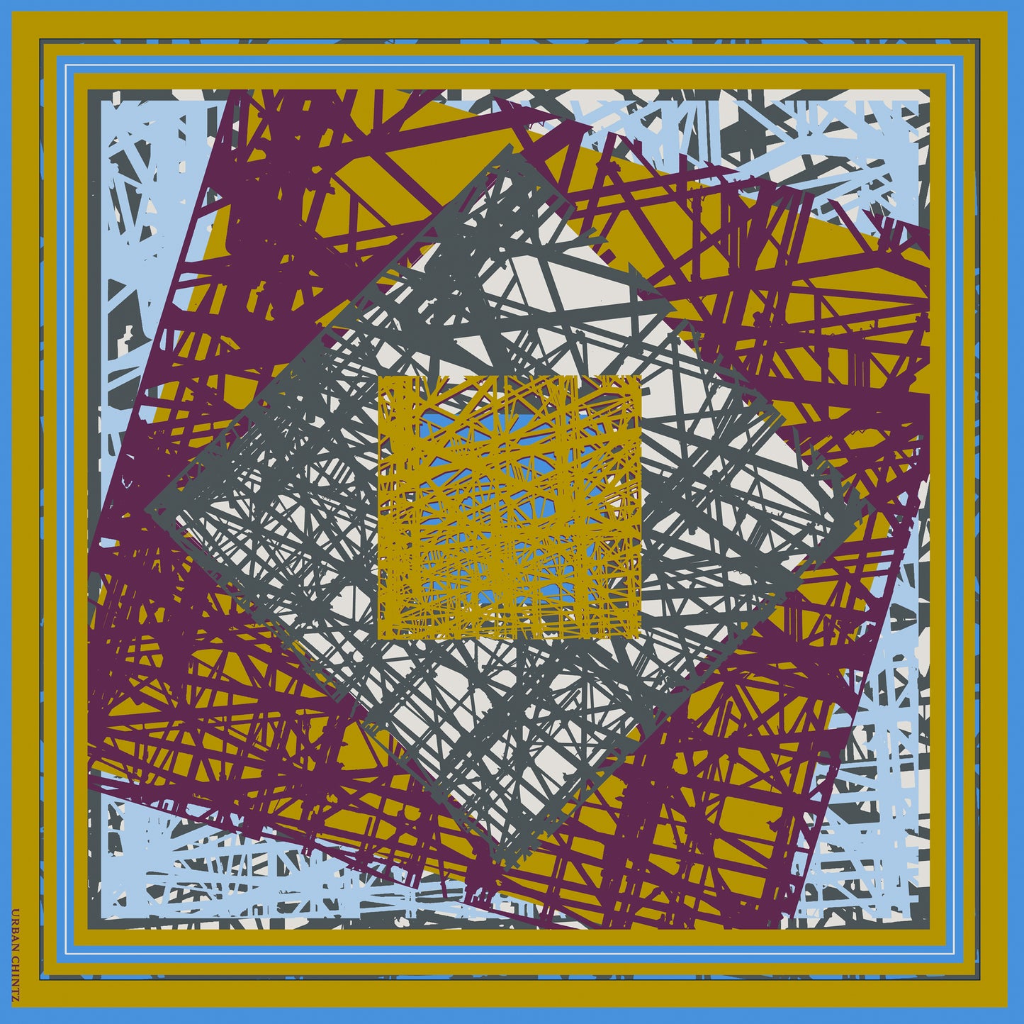 Silk Pocket Square-Gold,blue, purple geometric scaffolding print